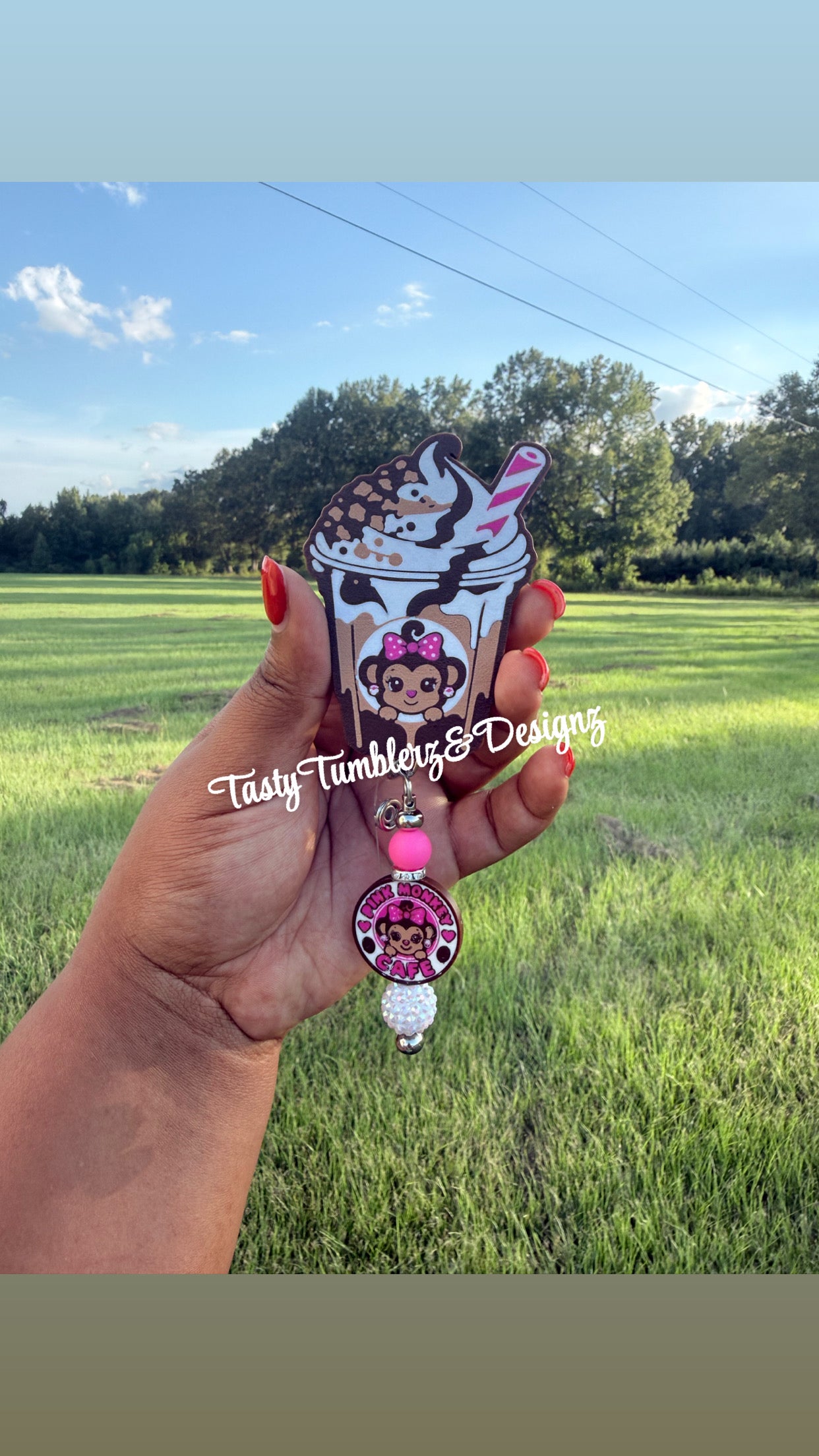 Pink Monkey Coffee Cup Badge & Charm
